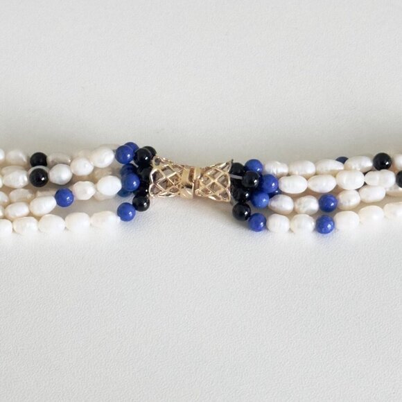 Vintage 14k Yellow Gold Pearl 6 Row Multi Strand Onyx Lapis Statement Necklace - Picture 11 of 14